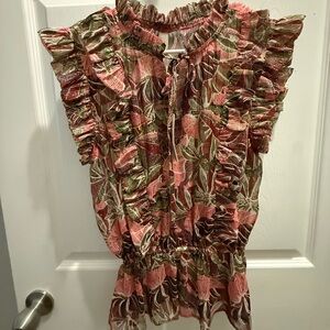Elan Pink & Olive Floral Ruffle Tie-Neck Blouse